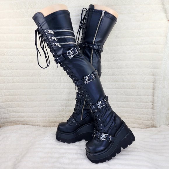 Brand New Shaker 420 Thigh High Platform Goth Punk Rocker Boots Stretch Leather - Picture 3 of 15
